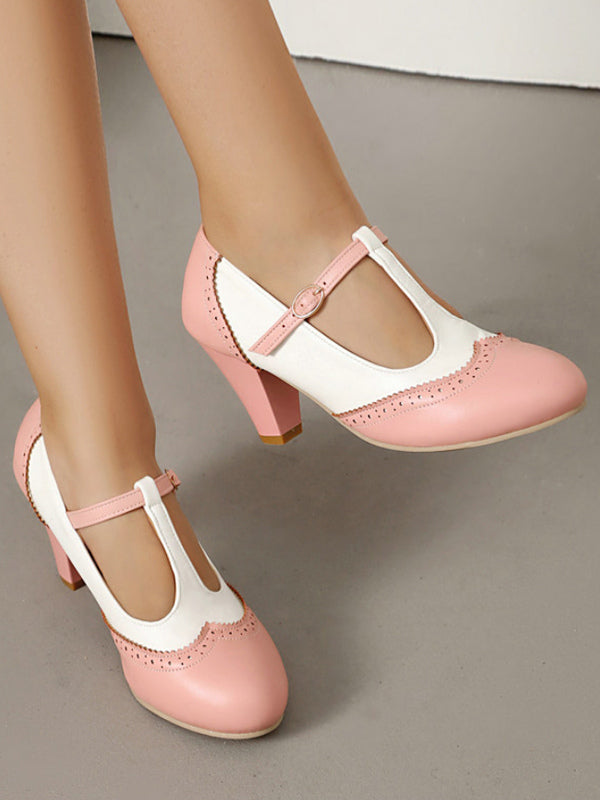 brown round toe block heel court shoes — view 7