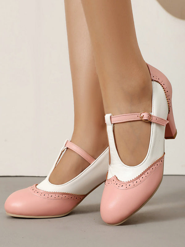 Brown Round-Toe Block Heel Court Shoes — view 5