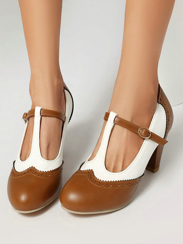brown round toe block heel court shoes — view 1