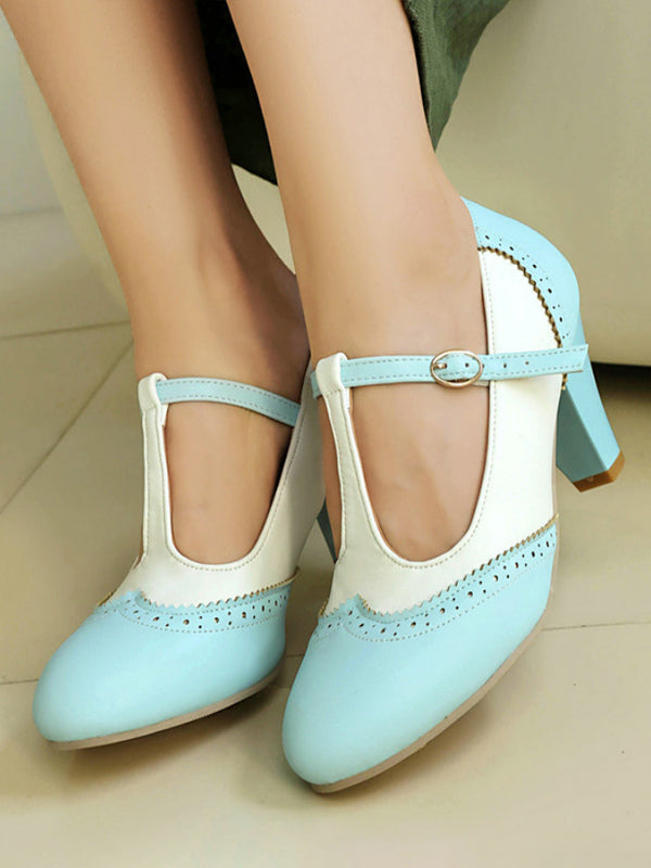 brown round toe block heel court shoes — view 2