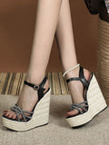 Black Open-Toe Platform Embellished Wedge Sandals — view 1