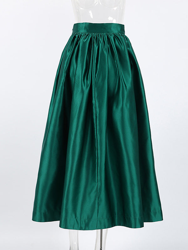Green Pleated High-Waisted Satin Skirt — view 7
