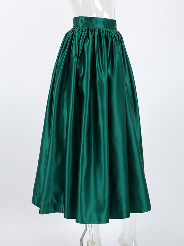 Green Pleated High-Waisted Satin Skirt — view 6