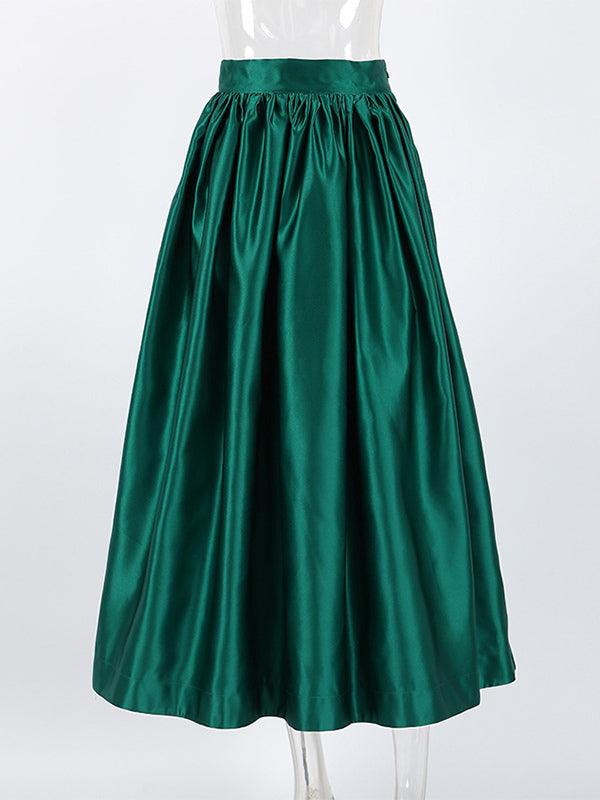 Green Pleated High-Waisted Satin Skirt — view 5