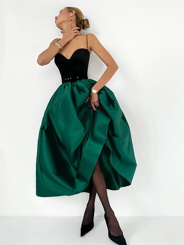 Green Pleated High-Waisted Satin Skirt — view 4