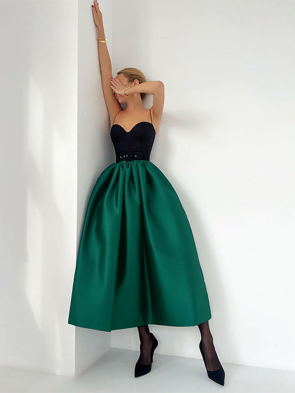 Green Pleated High-Waisted Satin Skirt — view 2