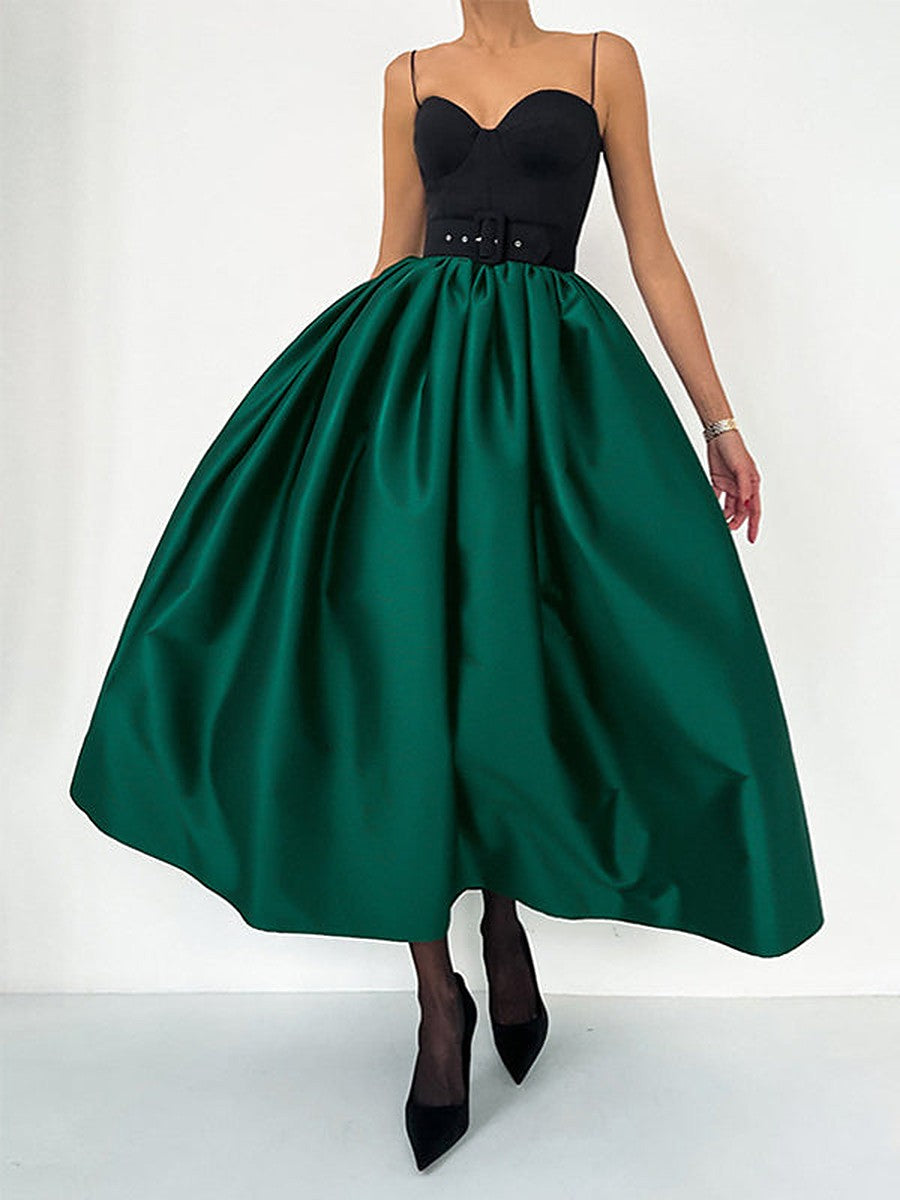 Green Pleated High-Waisted Satin Skirt — view 1