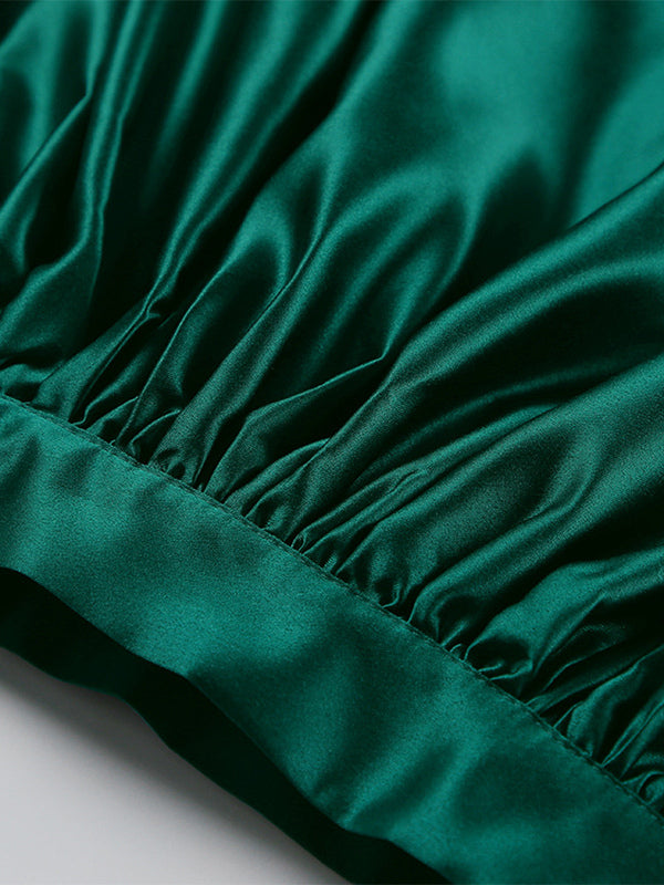 Green Pleated High-Waisted Satin Skirt — view 13