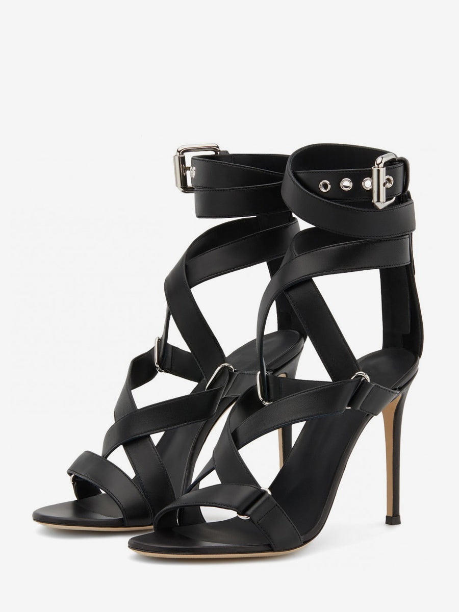 Black Open-Toe Stiletto Strappy Sandals — view 1