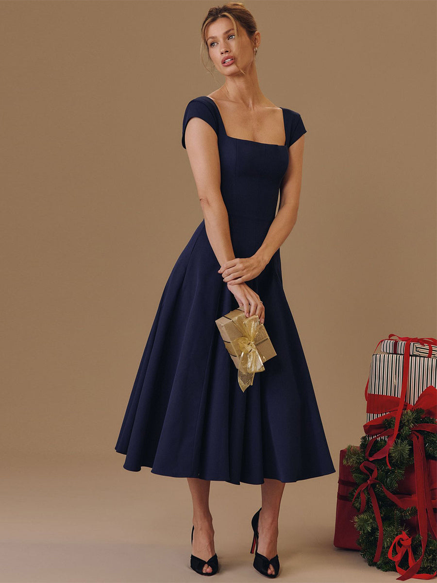 Navy Sleeveless Square-Neck Midi Dress — view 12