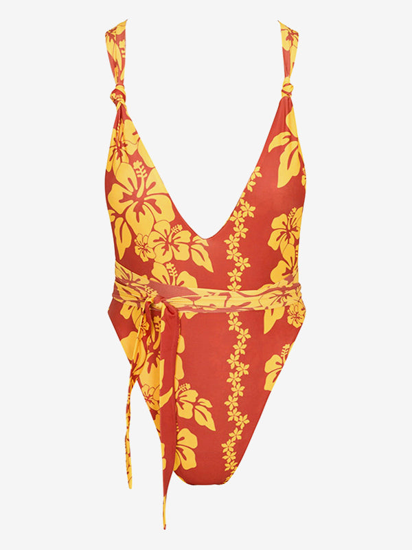 red v neck floral swimsuit — view 4