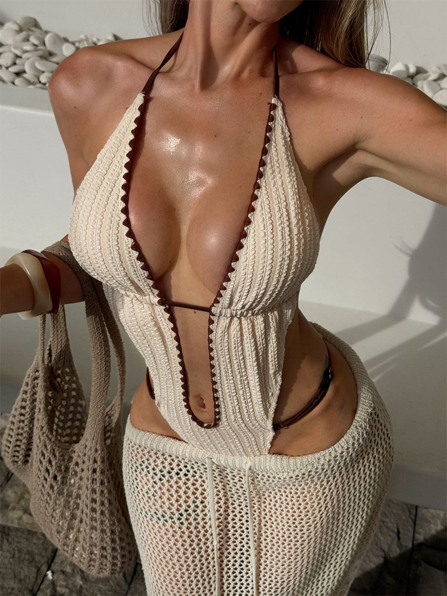 ivory v neck halter neck swimsuit — view 3