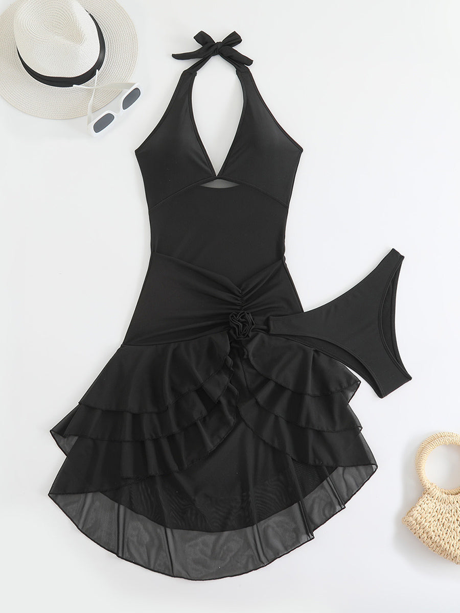 black halter neck ruffle sheer bikini set — view 10