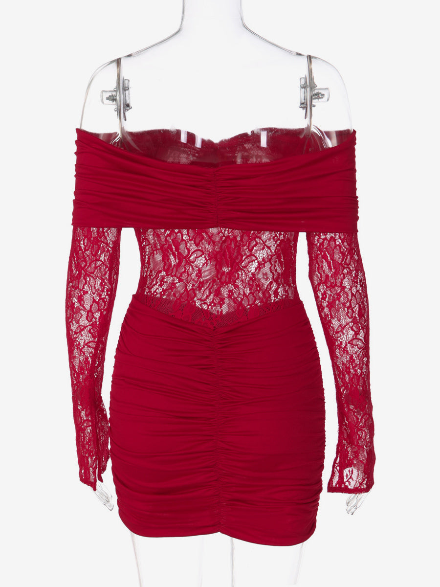 Red Long-Sleeve Off-Shoulder Ruched Bodycon Dress — view 7