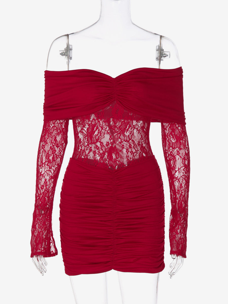 Red Long-Sleeve Off-Shoulder Ruched Bodycon Dress — view 6