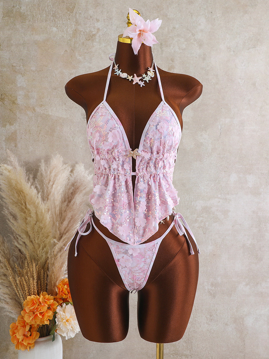 blue halter neck floral sequin swimsuit — view 11
