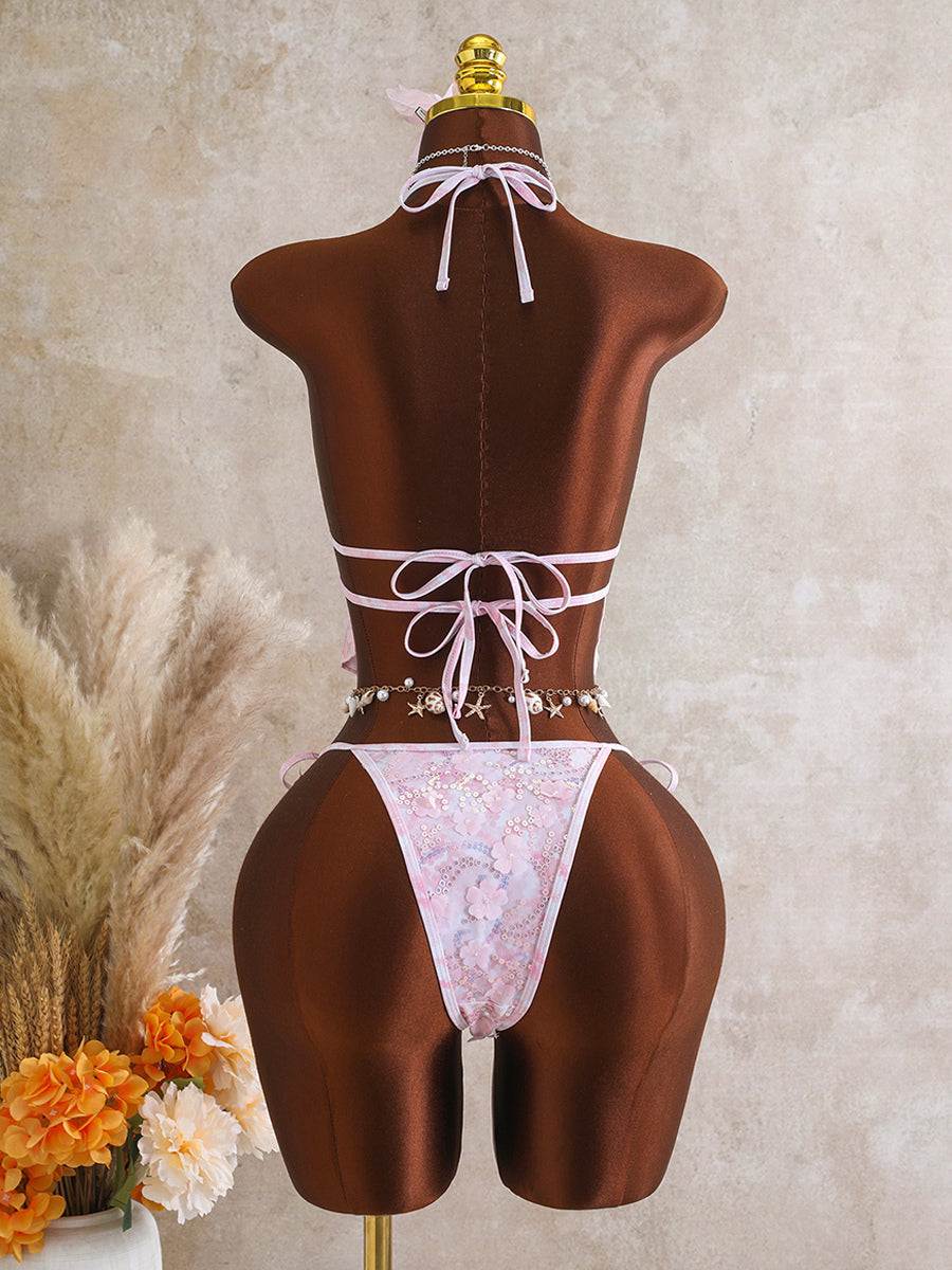 blue halter neck floral sequin swimsuit — view 12