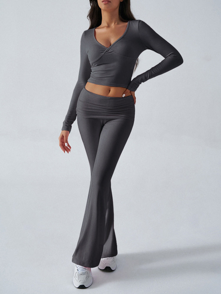 charcoal long sleeve v neck fitted two piece set — view 12