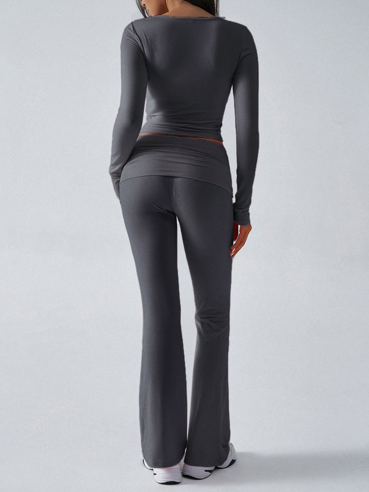 Charcoal Long-Sleeve V-Neck Fitted Two-Piece Set — view 13