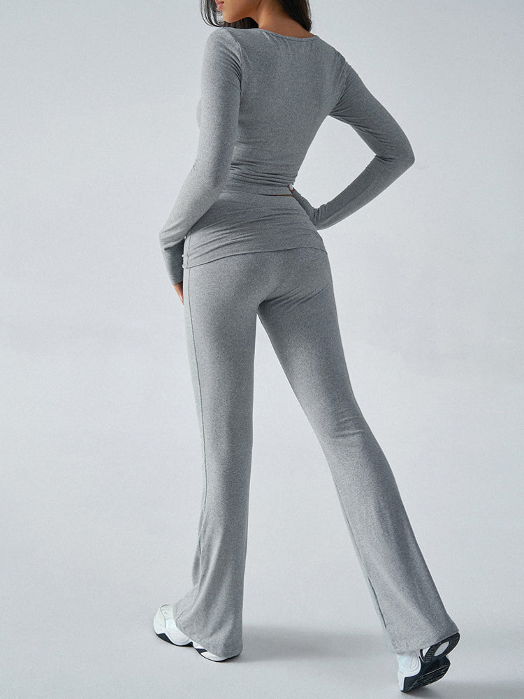 Charcoal Long-Sleeve V-Neck Fitted Two-Piece Set — view 10