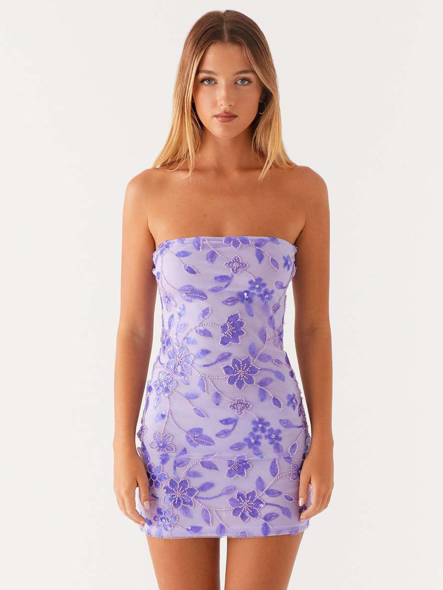 Lilac Fitted Floral Sequin Mini Dress — view 14