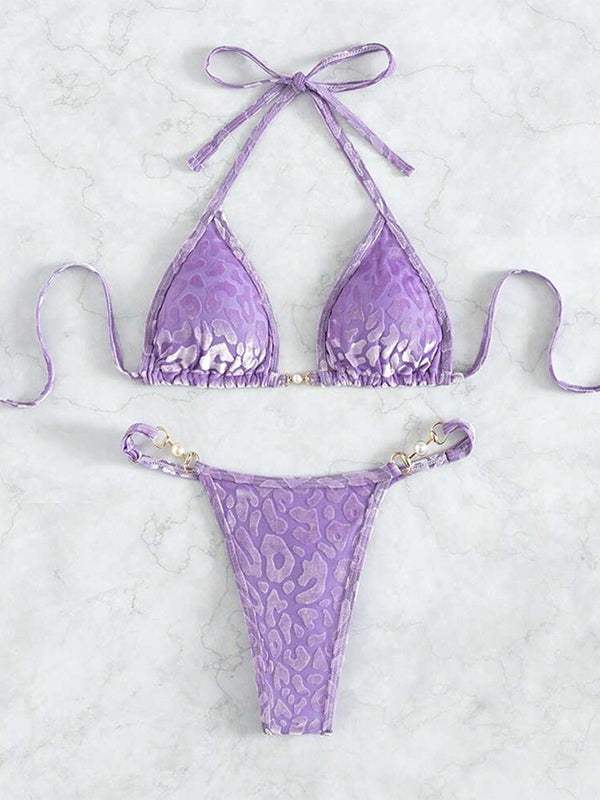 purple halter neck leopard print two piece set — view 9