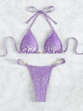 purple halter neck leopard print two piece set — view 9