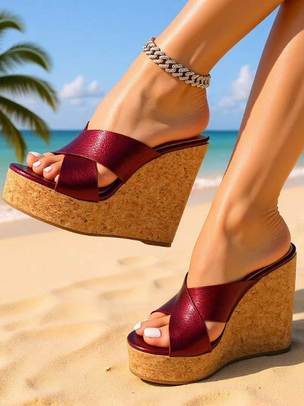burgundy open toe platform wedge sandals — view 1