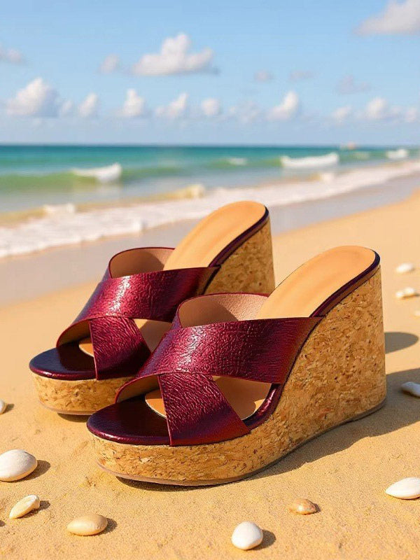 Burgundy Open-Toe Platform Wedge Sandals — view 3