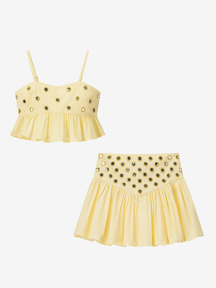 yellow sleeveless pleated strappy two piece set — view 3