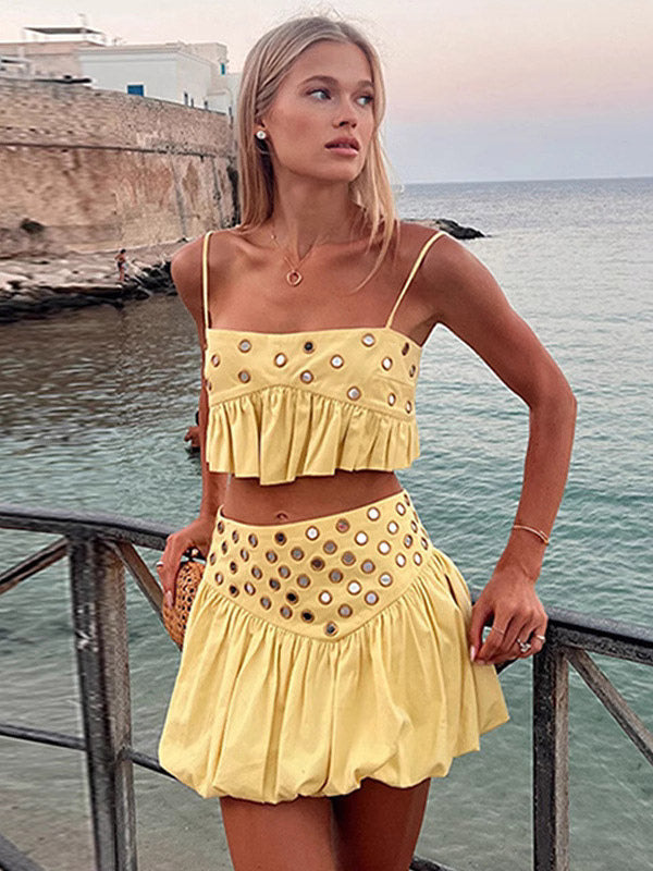 yellow sleeveless pleated strappy two piece set — view 2