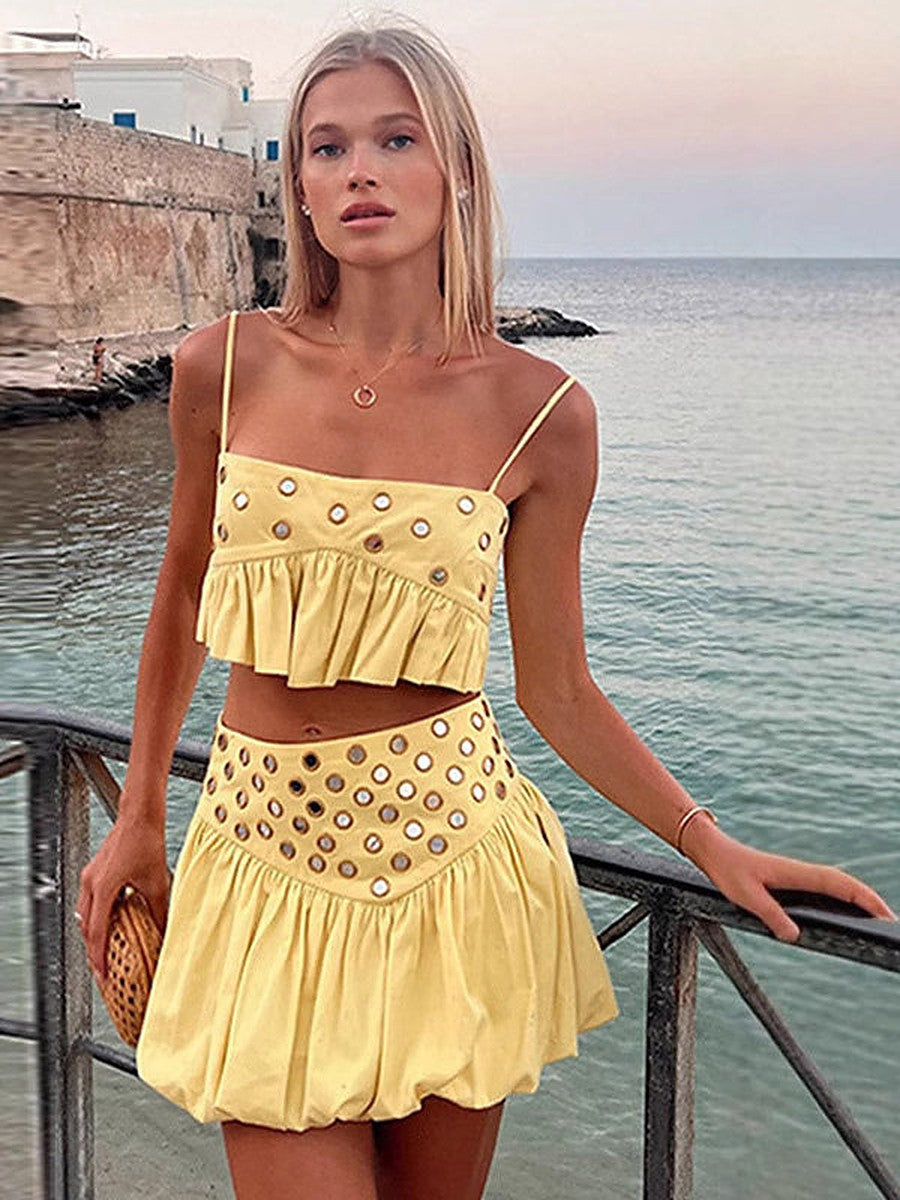Yellow Sleeveless Pleated Strappy Two-Piece Set — view 1