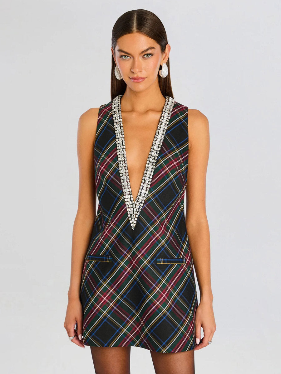 Navy Embellished Sleeveless V-Neck Dress — view 1
