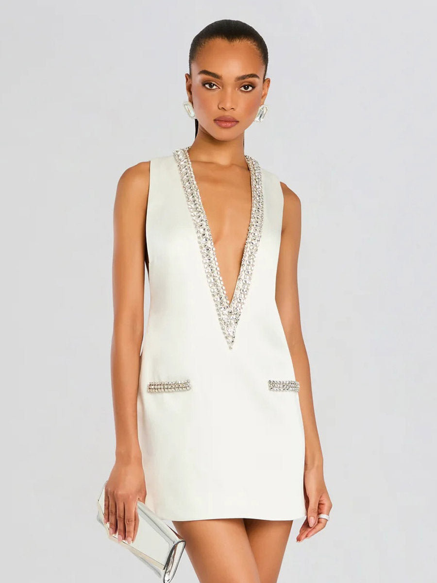 Navy Embellished Sleeveless V-Neck Dress — view 7