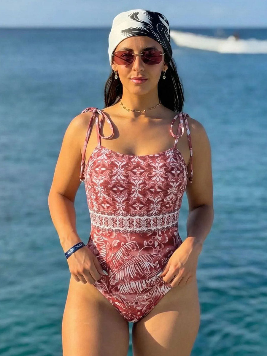 red lace up floral strappy beach cover up — view 8