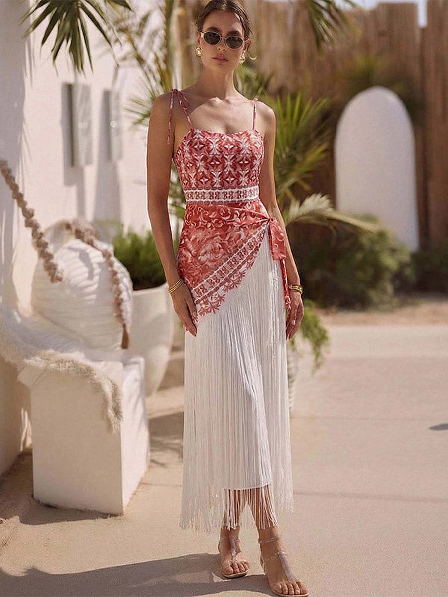 Red Lace-Up Floral Strappy Beach Cover-Up — view 1
