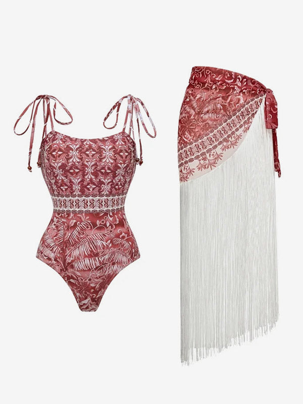 red lace up floral strappy beach cover up — view 12
