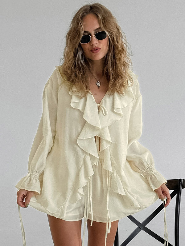 ivory long sleeve v neck ruffle two piece set — view 6