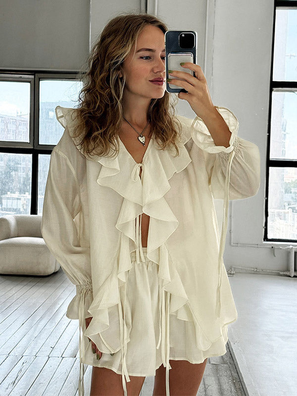 Ivory Long-Sleeve V-Neck Ruffle Two-Piece Set — view 5