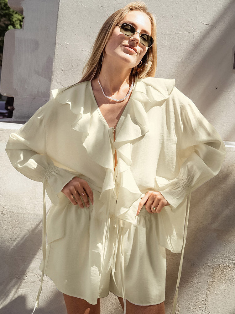 Ivory Long-Sleeve V-Neck Ruffle Two-Piece Set — view 3