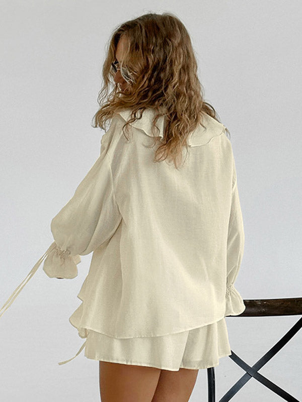 Ivory Long-Sleeve V-Neck Ruffle Two-Piece Set — view 2