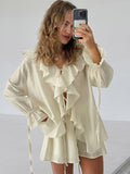 Ivory Long-Sleeve V-Neck Ruffle Two-Piece Set — view 1