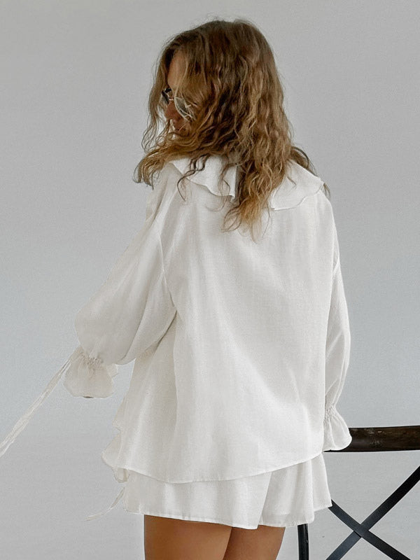 Ivory Long-Sleeve V-Neck Ruffle Two-Piece Set — view 8