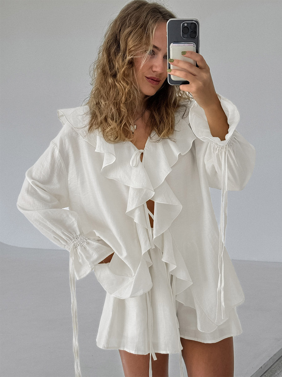 ivory long sleeve v neck ruffle two piece set — view 7