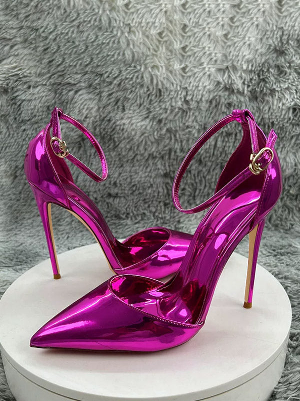 rose pointed toe ankle strap metallic court shoes — view 1