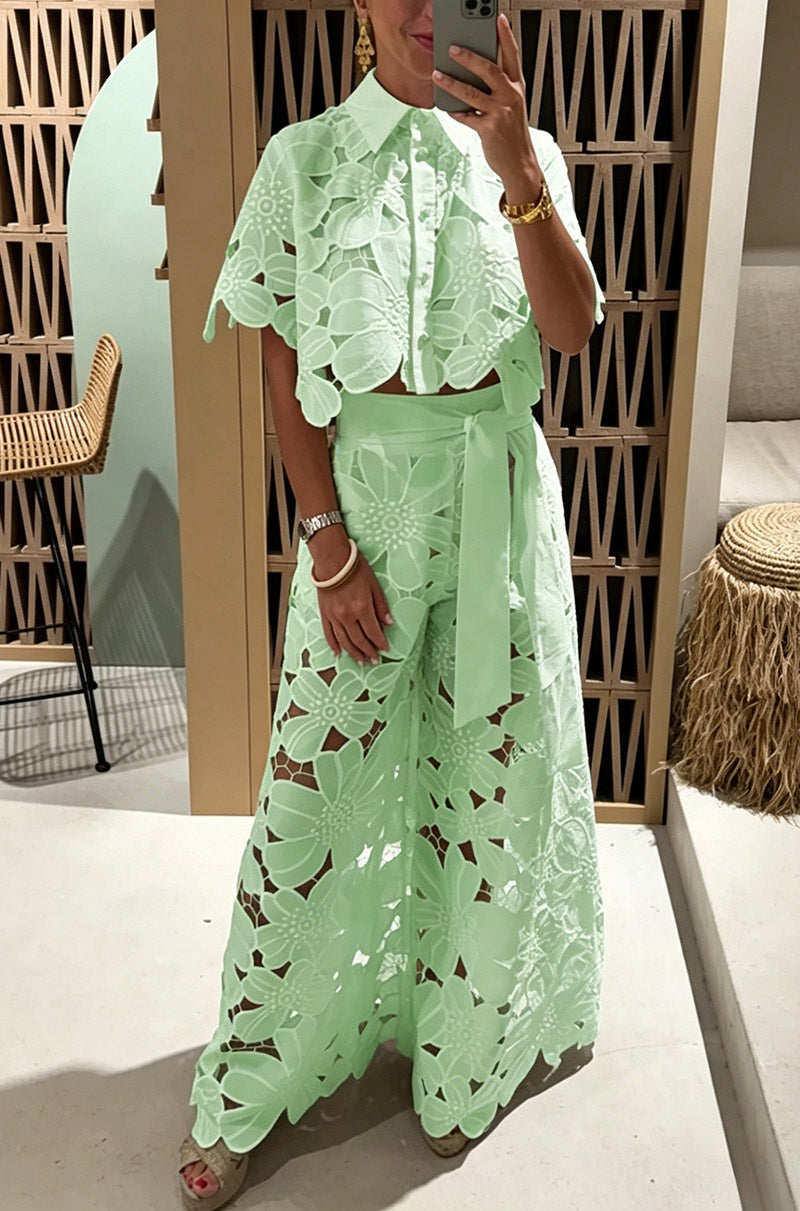 Green Short-Sleeve Cut-Out Two-Piece Set — view 6