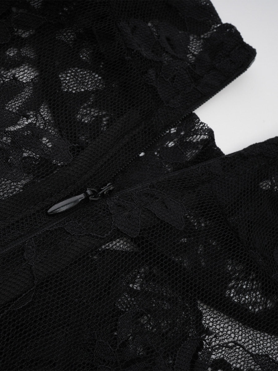 Black Long-Sleeve Collared Lace Dress — view 8