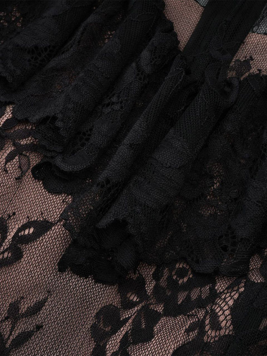 Black Long-Sleeve Collared Lace Dress — view 6