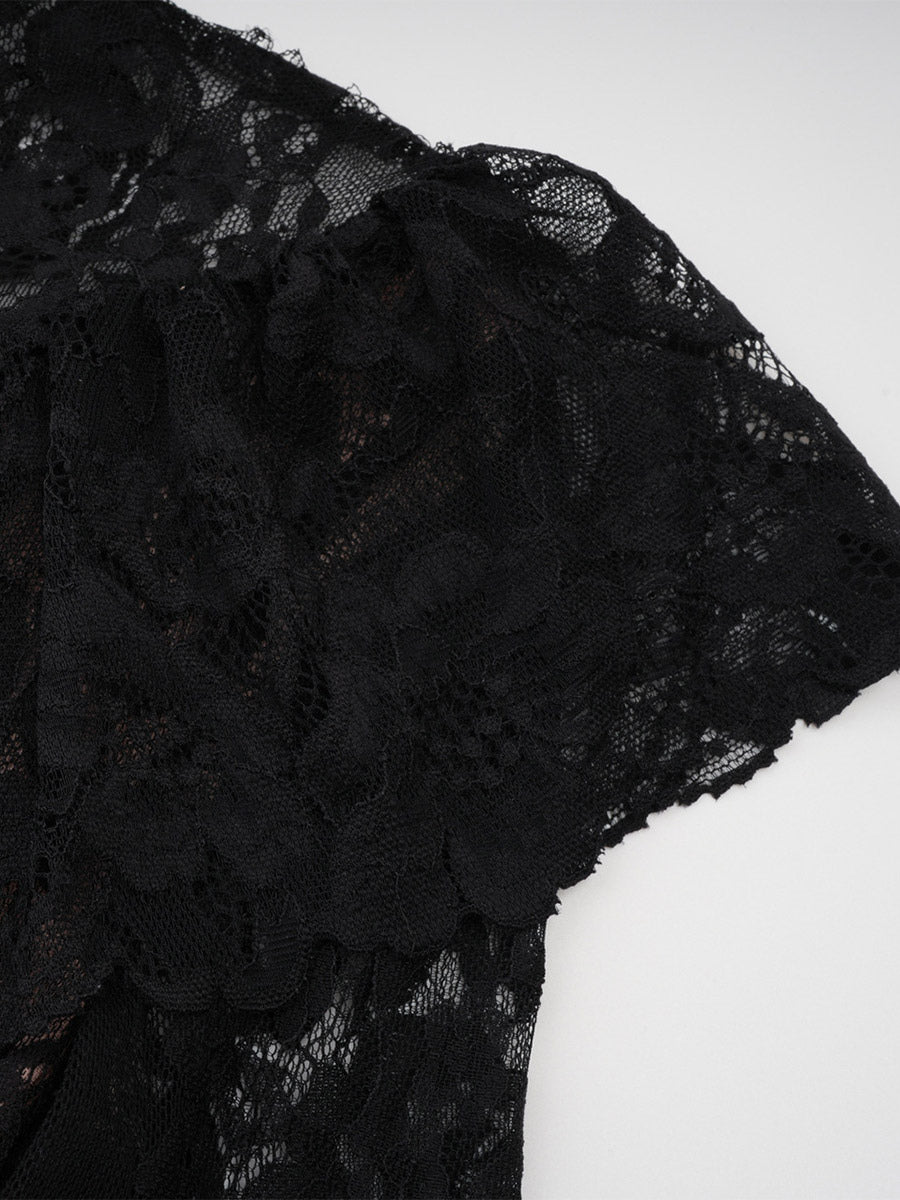 Black Long-Sleeve Collared Lace Dress — view 5
