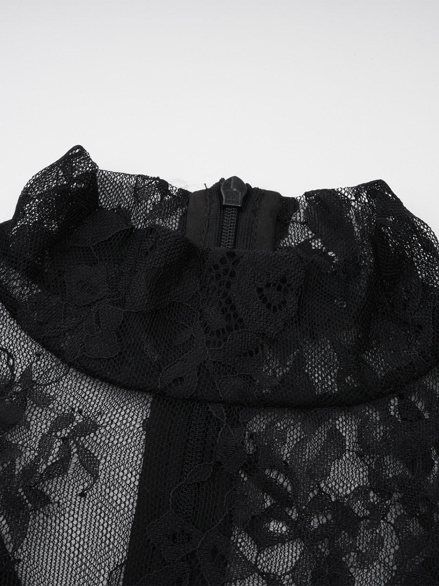 Black Long-Sleeve Collared Lace Dress — view 4